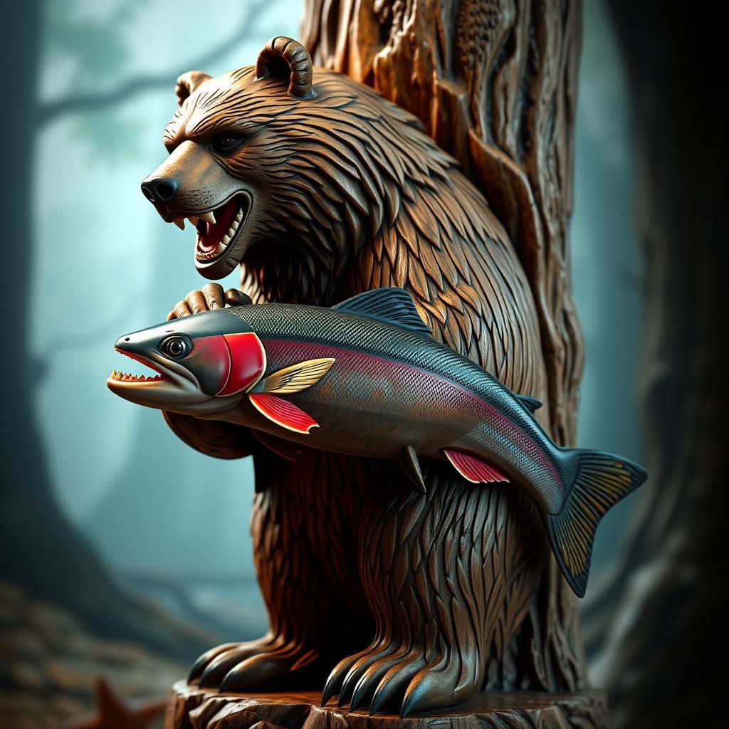 Detailed Wood Carving of Bear with Salmon