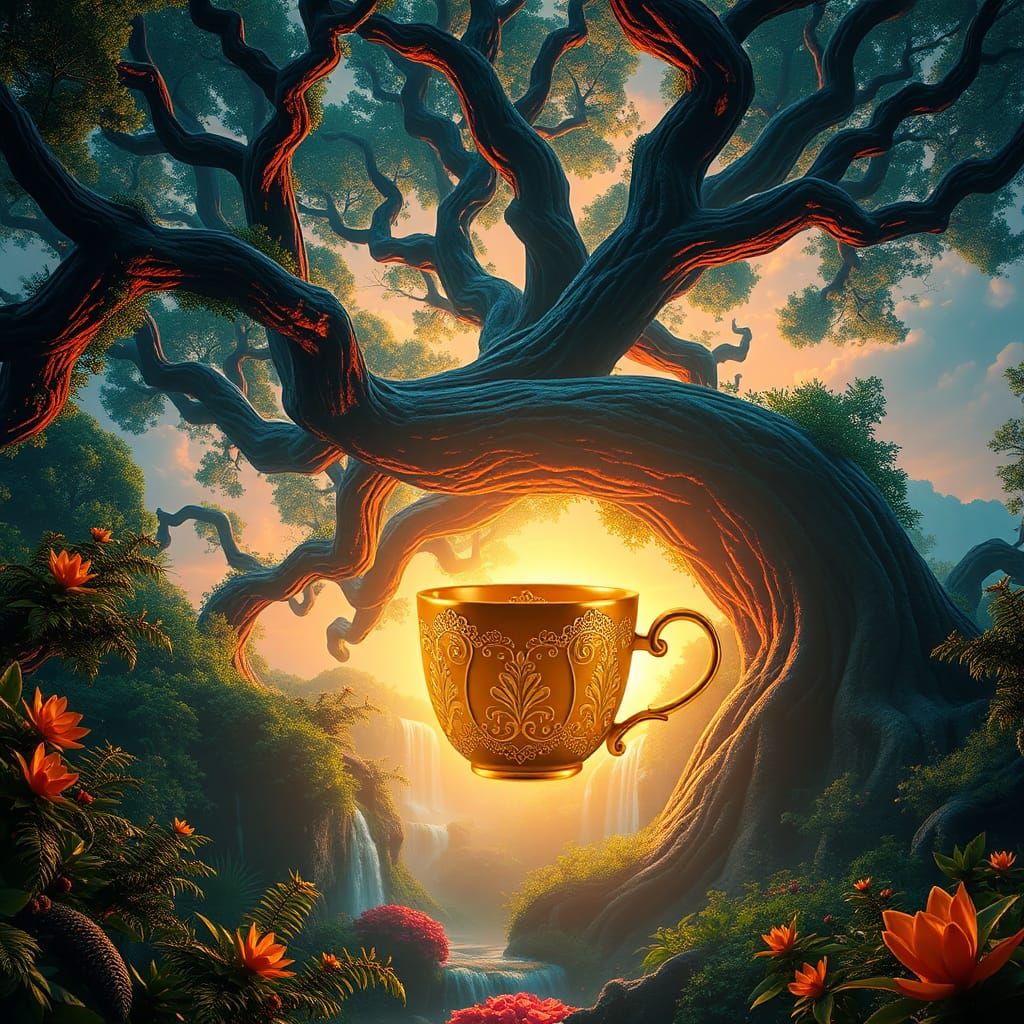 Mystical Dawn Forest with Floating Coffee Cup