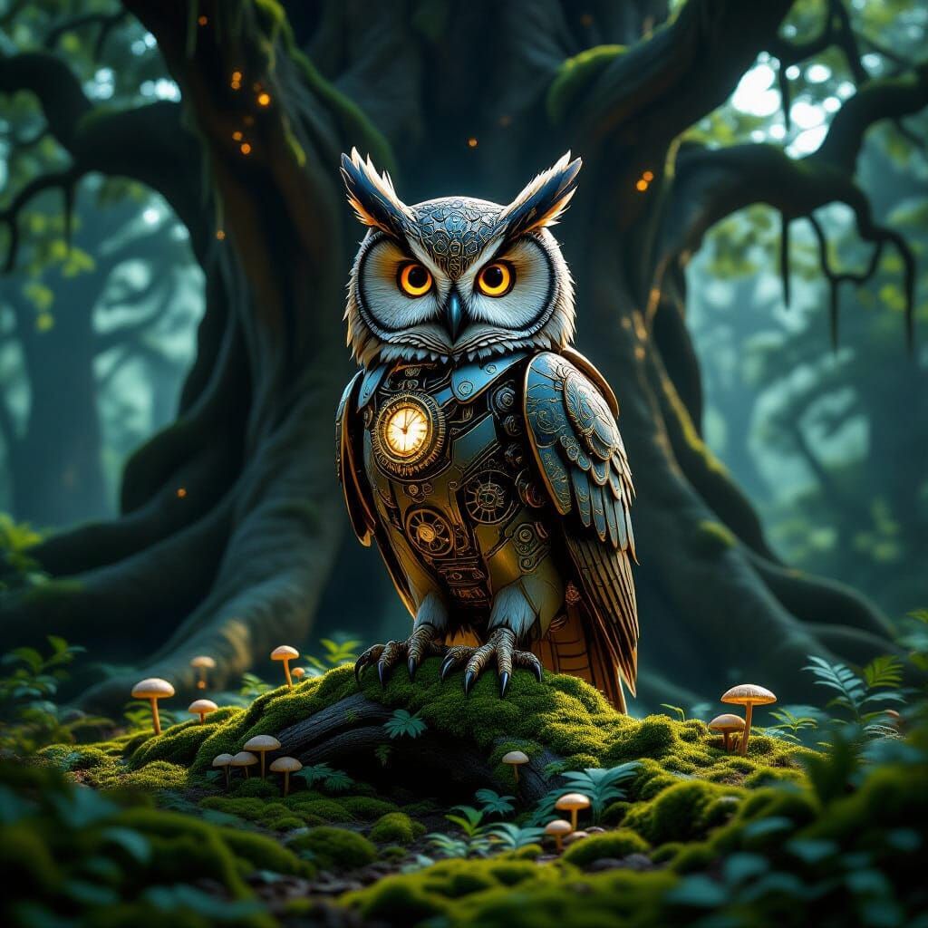 Steampunk Mechanical Owl in Bioluminescent Forest