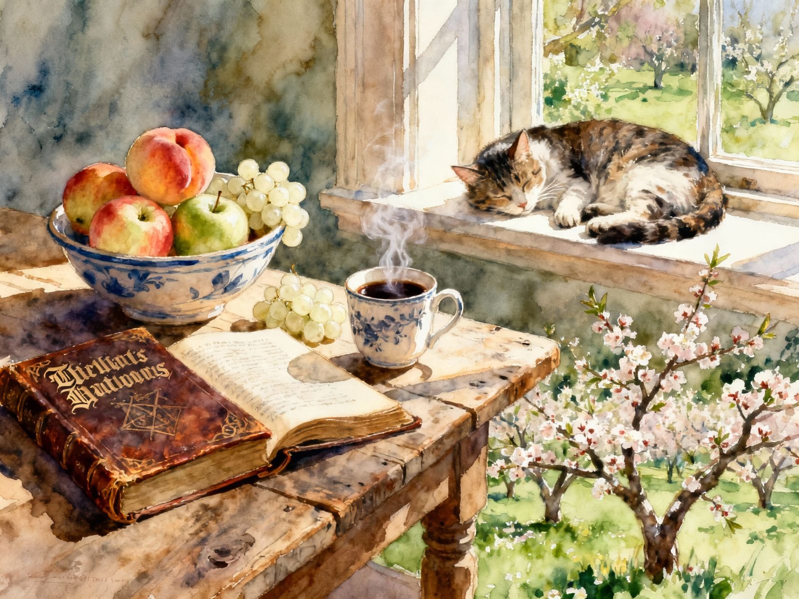 Watercolor Still Life With Fruit, Book, and Cat