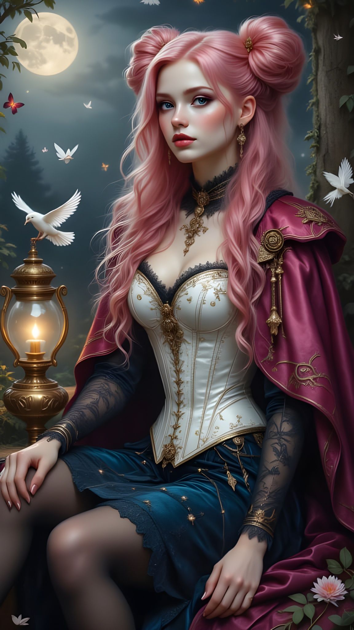 Gothic Pre-Raphaelite Woman with Pink Hair and Dove