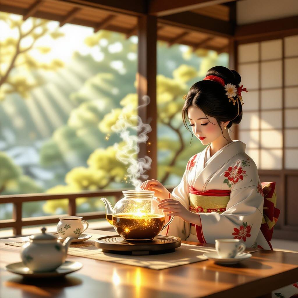 Japanese Teahouse with Hourglass Teapot in Dreamy Style