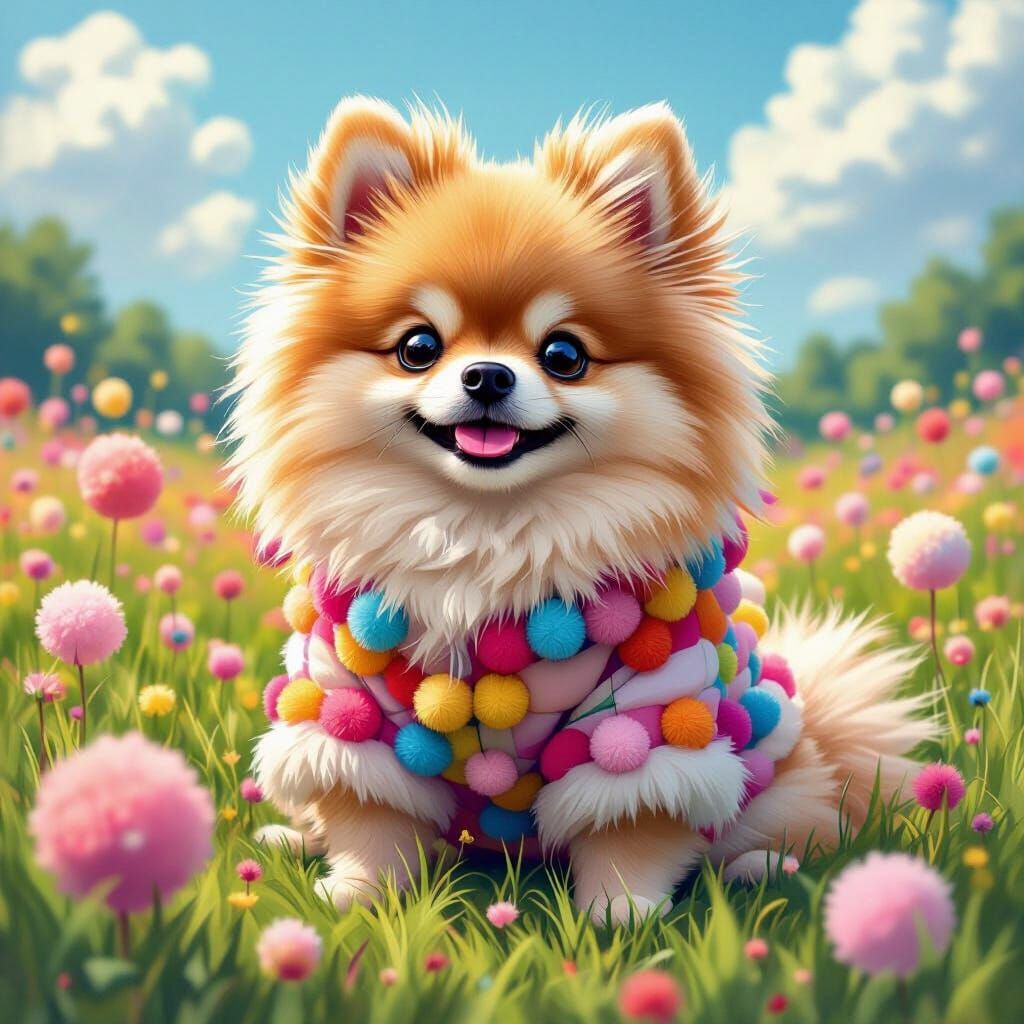 Colorful Pom-Pom Pomeranian in Meadow, Media Art Style