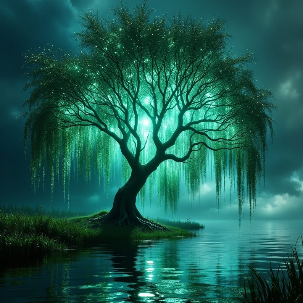 Luminous Willow Tree Beside River in Hyperrealistic Landscap...