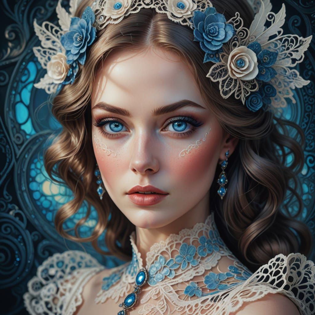 Blue-Eyed Mistress: Surreal Pin-Up Portrait in Digital Art