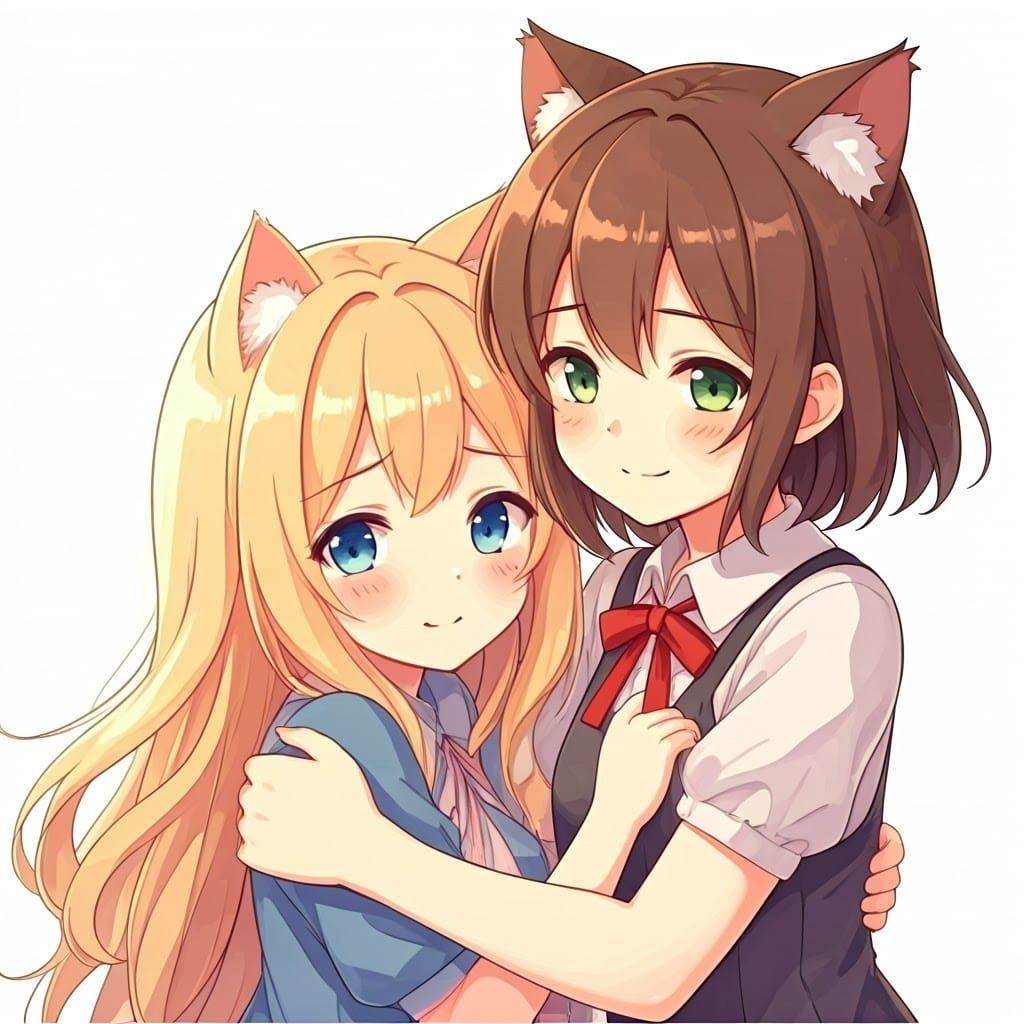 Tender Anime Girls with Feline Features Share a Warm Hug
