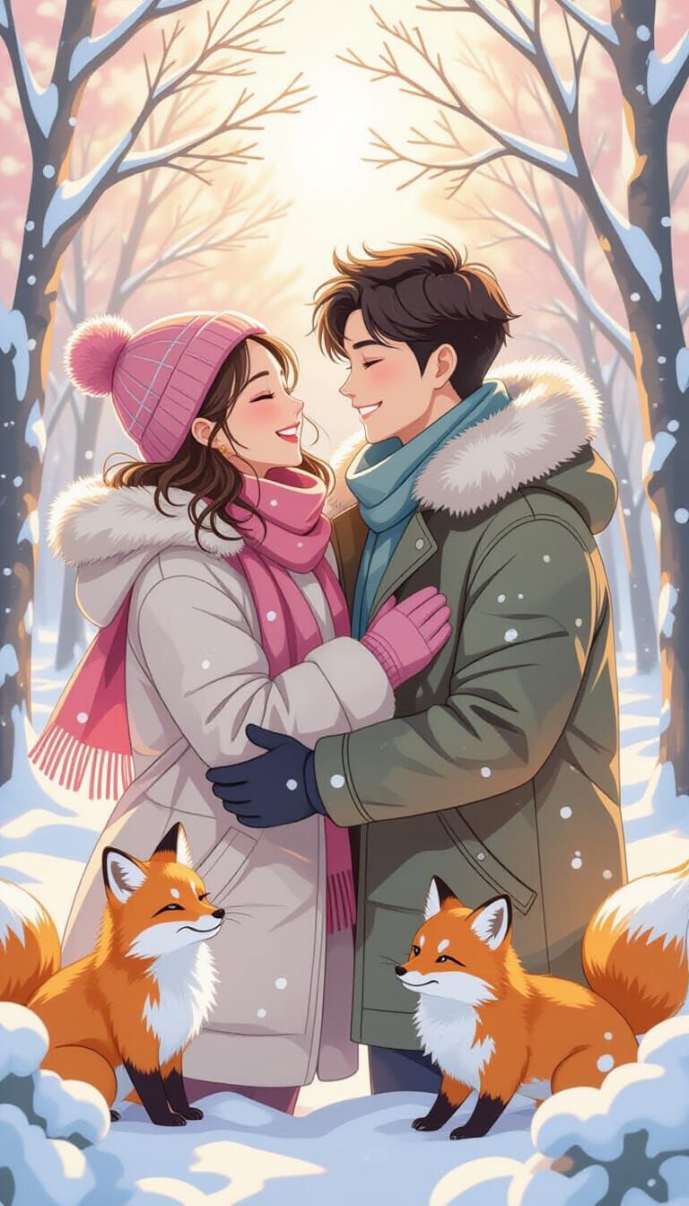 Cozy Chinese Couple in Snowy Comic Book Scene