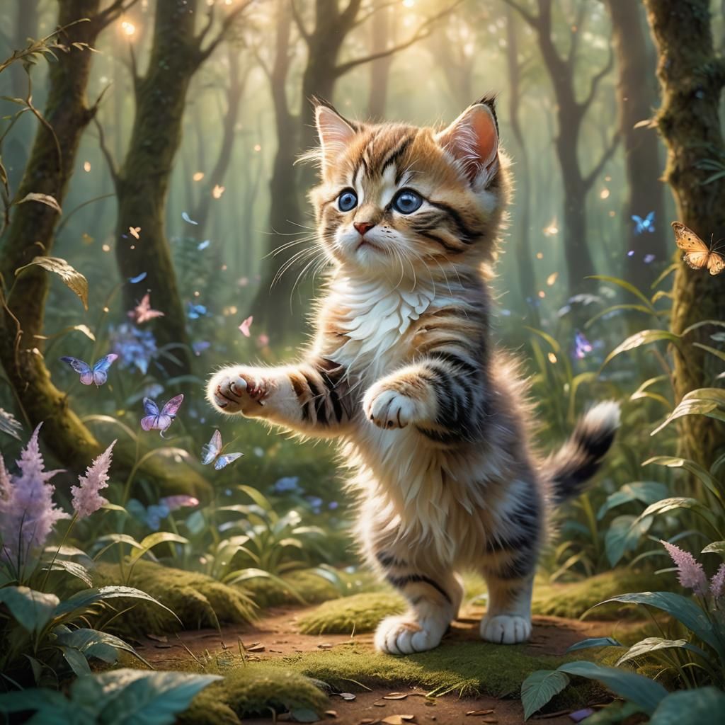 Kitten Dancing in Ethereal Fantasy Forest