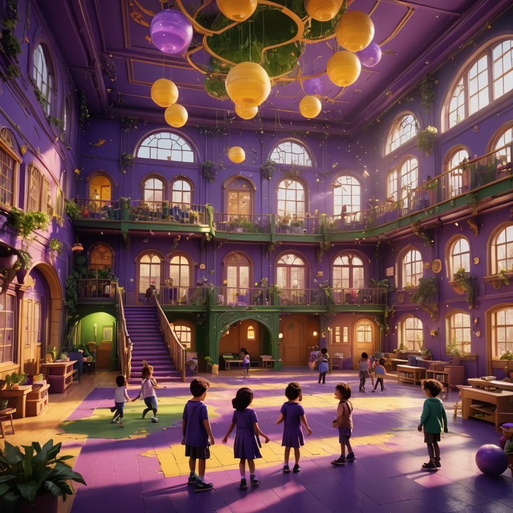 Children's Purple Kindergarten in Fantasy Concept Art Style