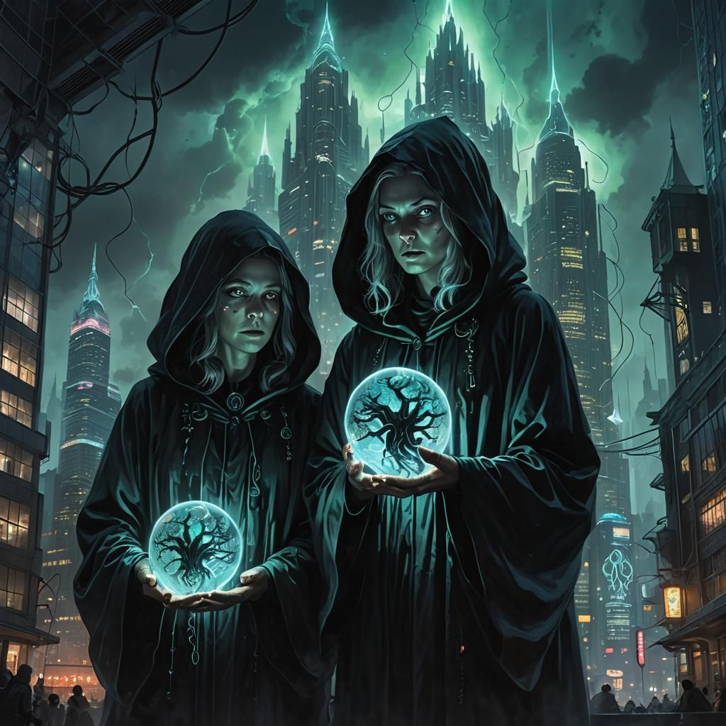 Witches Huddle Around Glowing Brain in Dystopian City