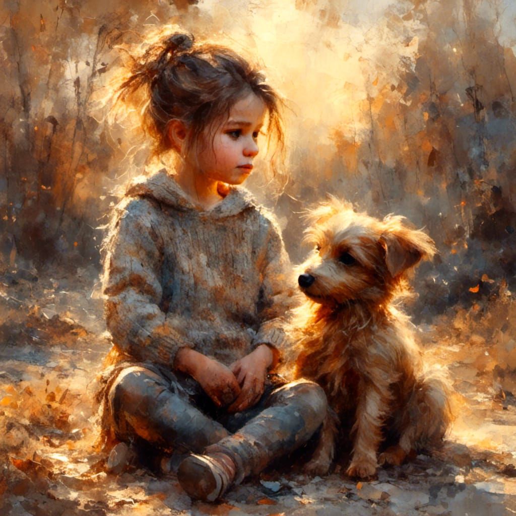 Girl and Puppy in Enchanted Forest: Impressionist Oil Painti...