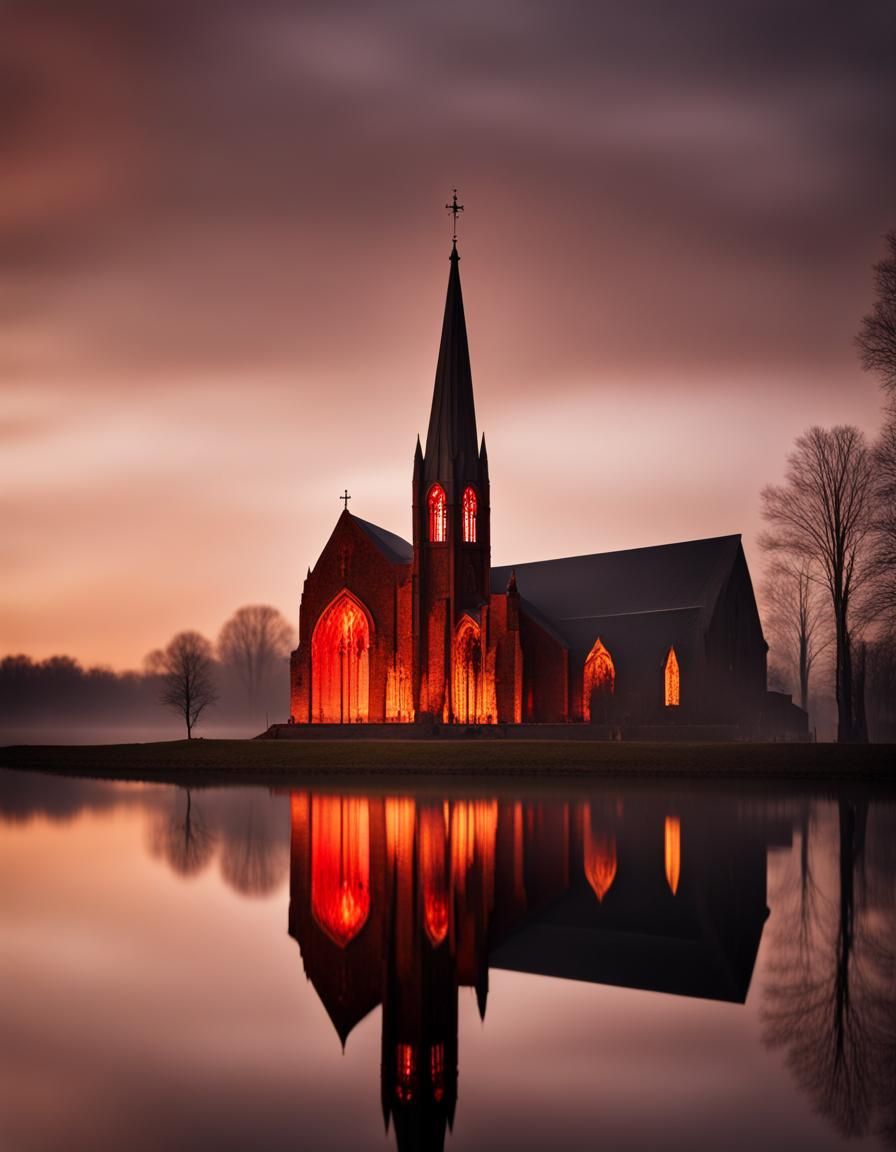 Burning Church Reflects Devil's Head