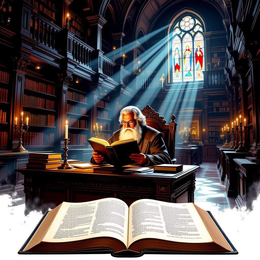 Glowing Tome Illuminates Scholar in Grand Library