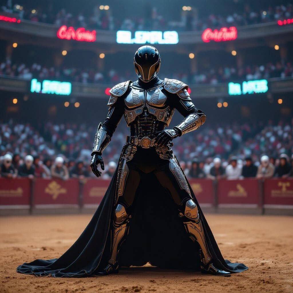 Biomechanical Matador in Neon Arena: Dark Futurism