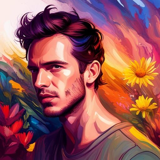 Man Emerging from Wildflowers: Hyperdetailed Portrait