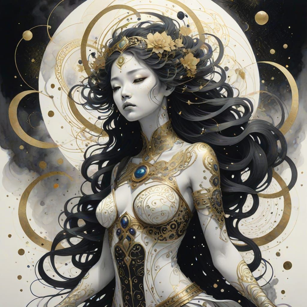 Celestial Goddess Descending: Dramatic Ink Drawing