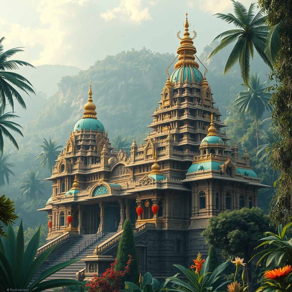 Ornate Hindu Temple in Lush Jungle, Digital Art
