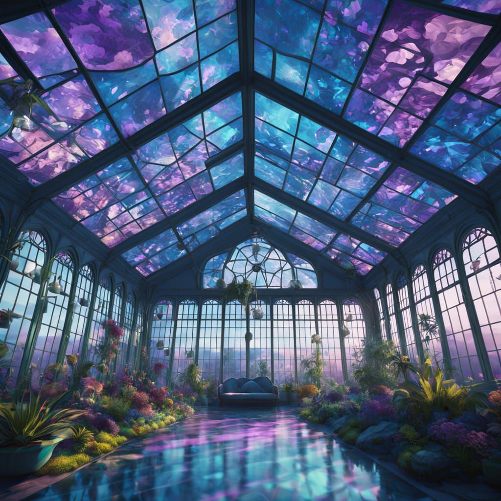 A large glass conservatory filled with exotic, magical plant...