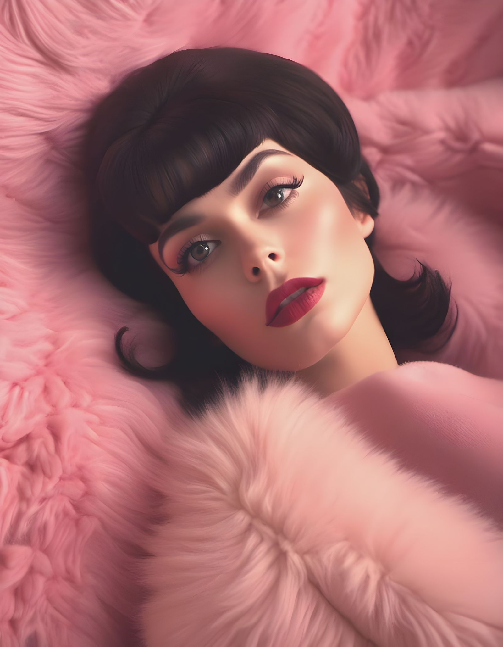 Woman in Pink Fur with Bouffant Hair and Red Lips