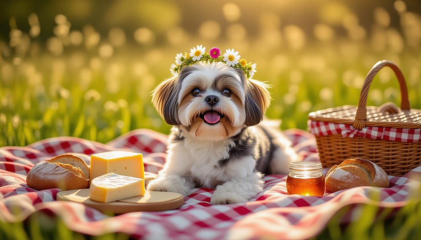 Joyful Shih Tzu in Flower Crown at Sunny Picnic