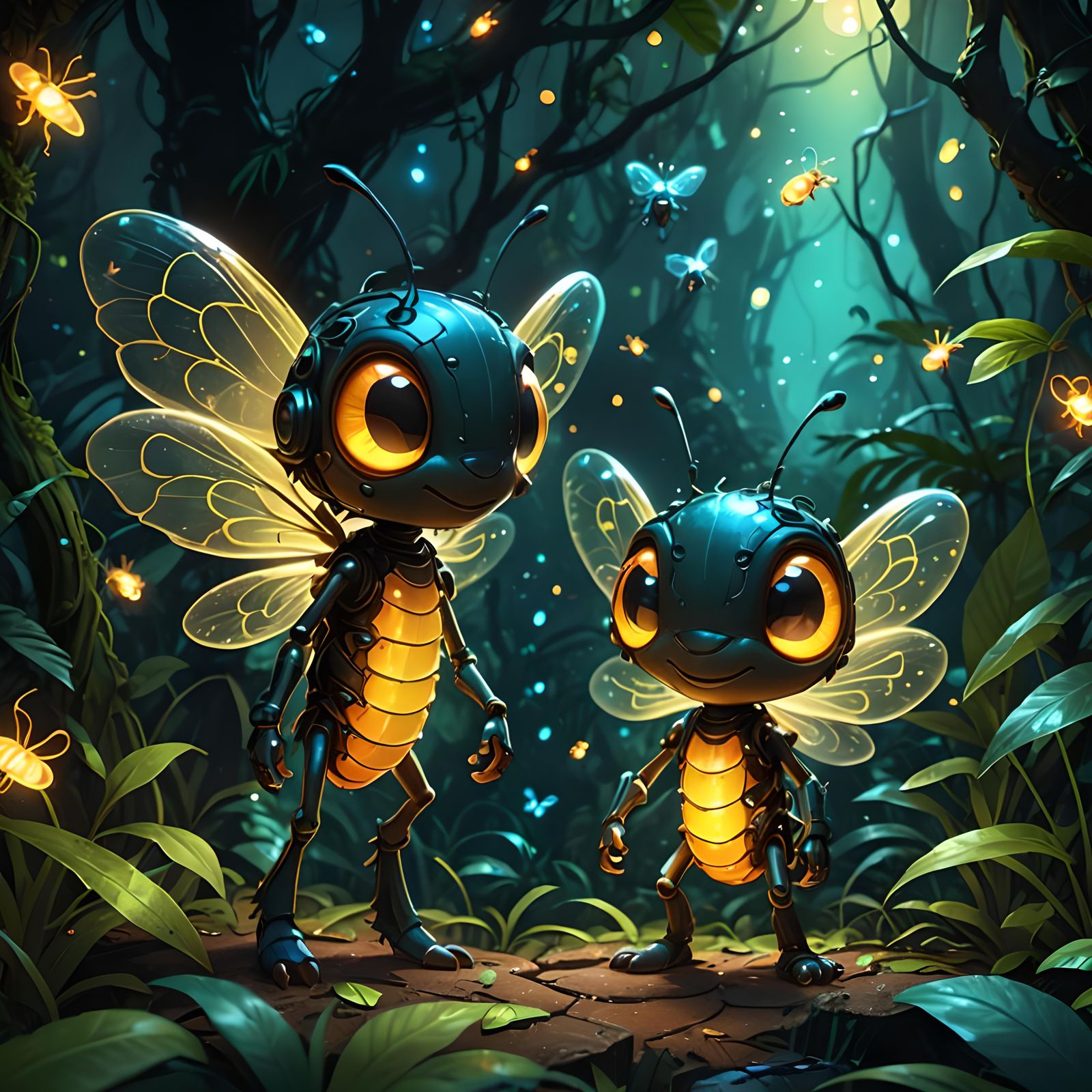 Glowing Fireflies in Jungle, Detailed Matte Painting