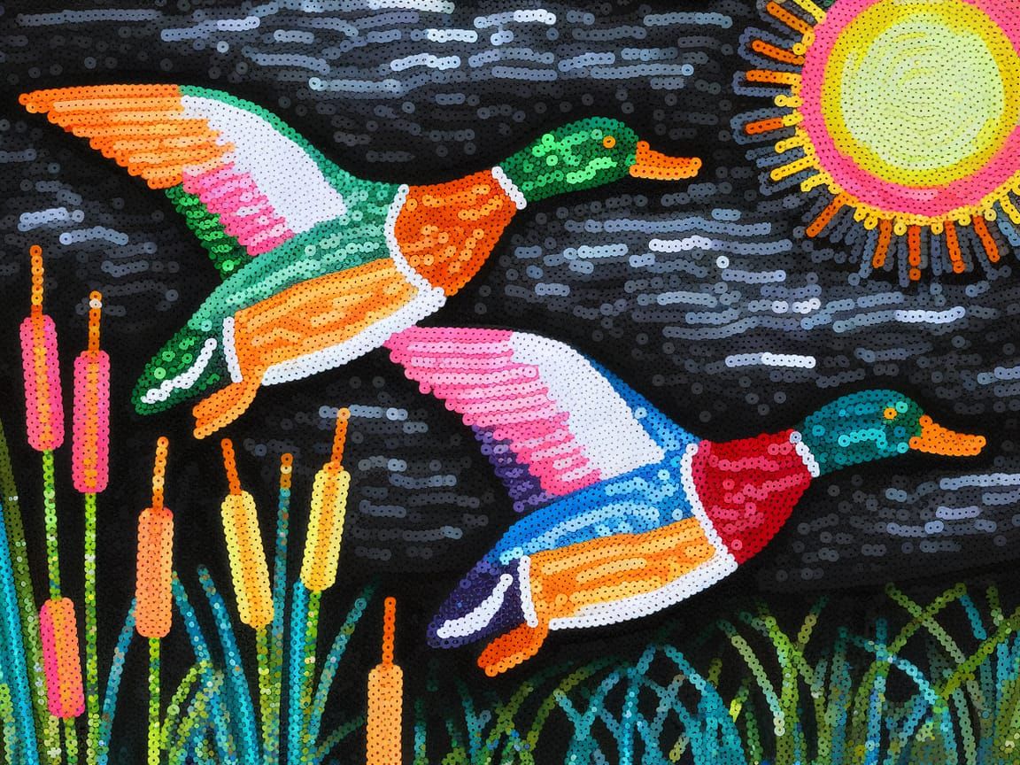 Vibrant Sequin Ducks in Flight