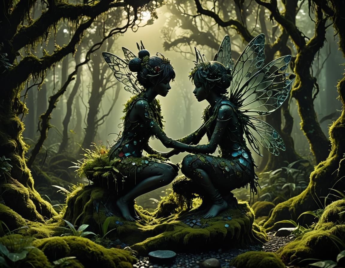 Moonlit Fairy Silhouette in Mosaic Pointillism Style