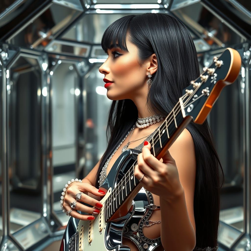 Hyperrealistic Guitarist in Mirror Octagon