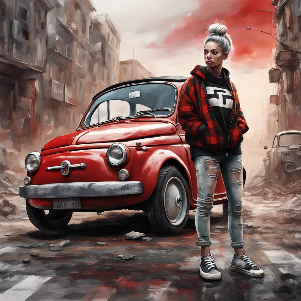 Post-Apocalyptic Woman with Red Fiat, Watercolor Style