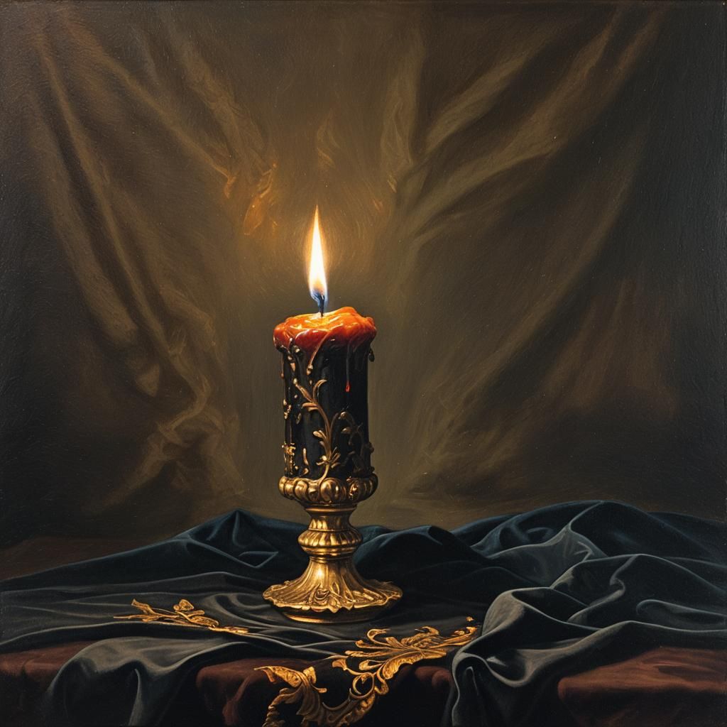 Burning Candle on Velvet in Renaissance Style