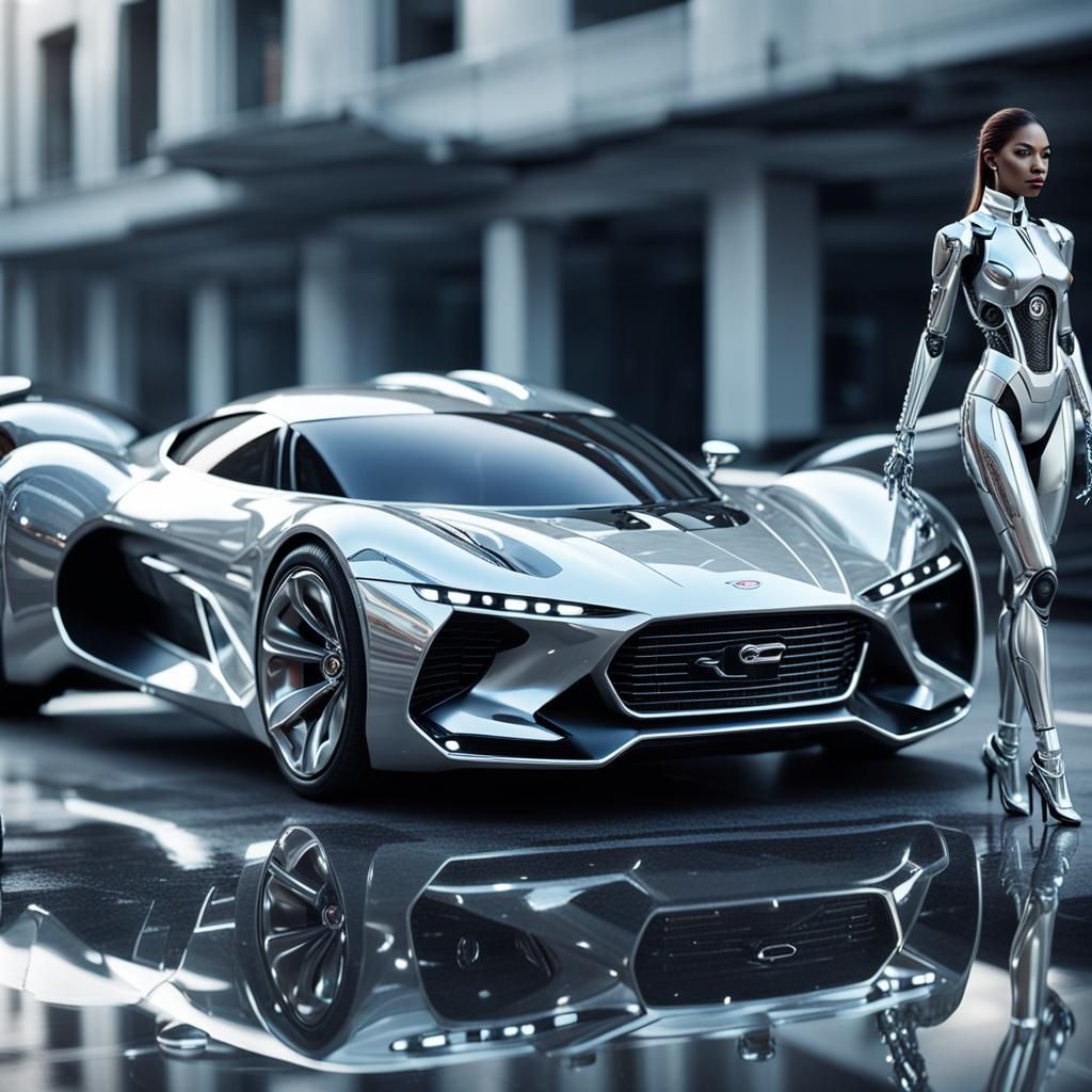 Cyborg Woman and Car in Miniature Futuristic Scene