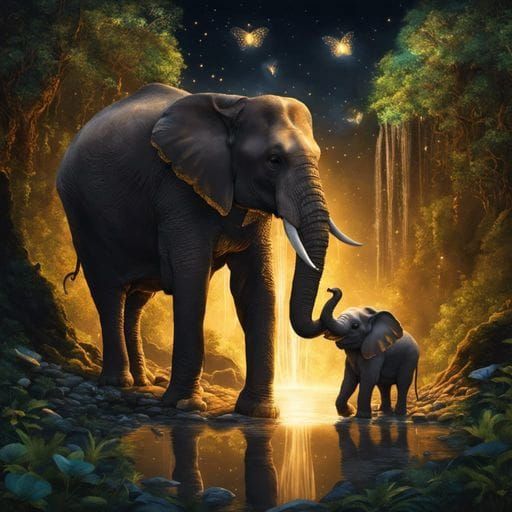 Glittering Elephant Mother Washes Baby in Moonlight