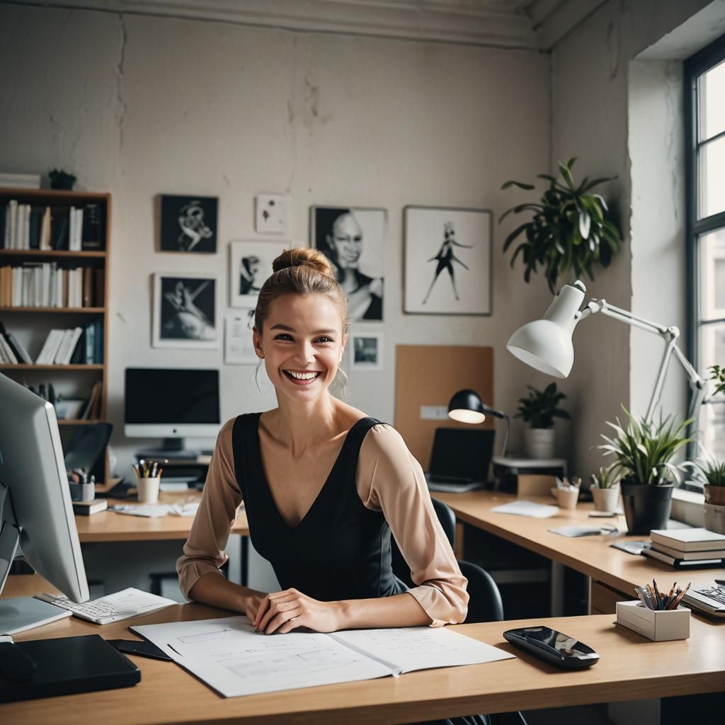 Elegant Ballerina in Futuristic Office, Professional Photogr...
