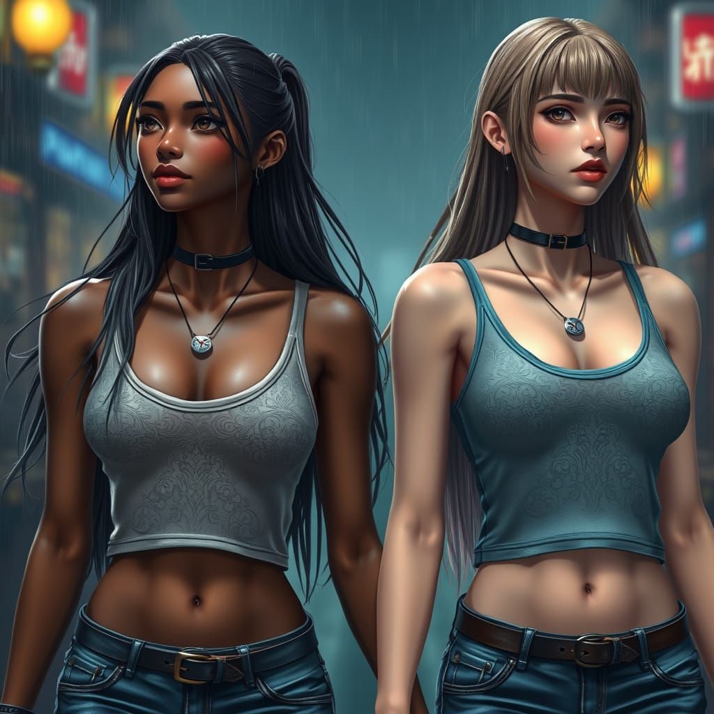 Sisters Embracing in the Rain, Anime-Inspired Art