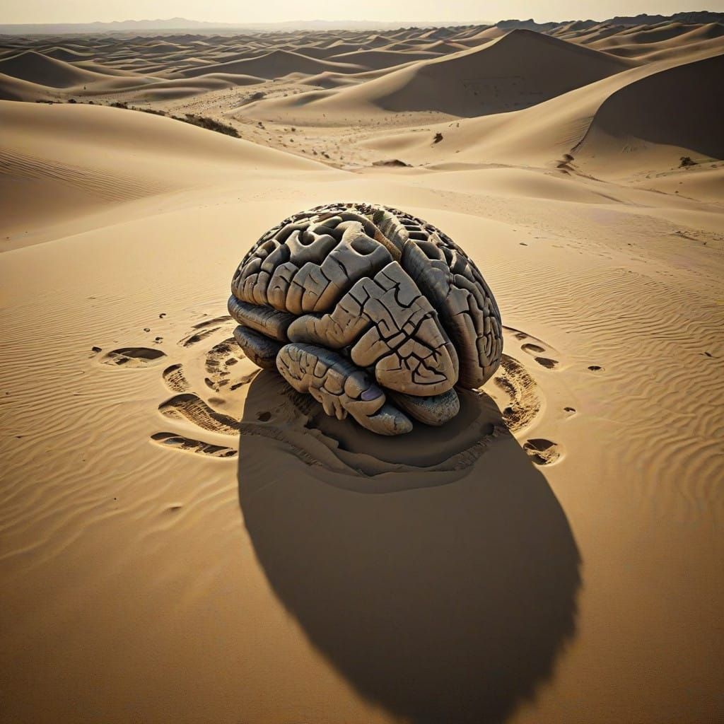 Ancient Desert Brain Illuminated by Ethereal Golden Lights
