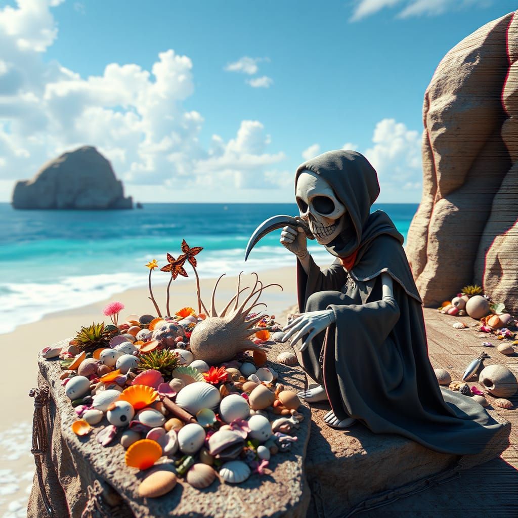 CHIBI PIXAR Grim Reaper tending to a seashell garden on a beachside