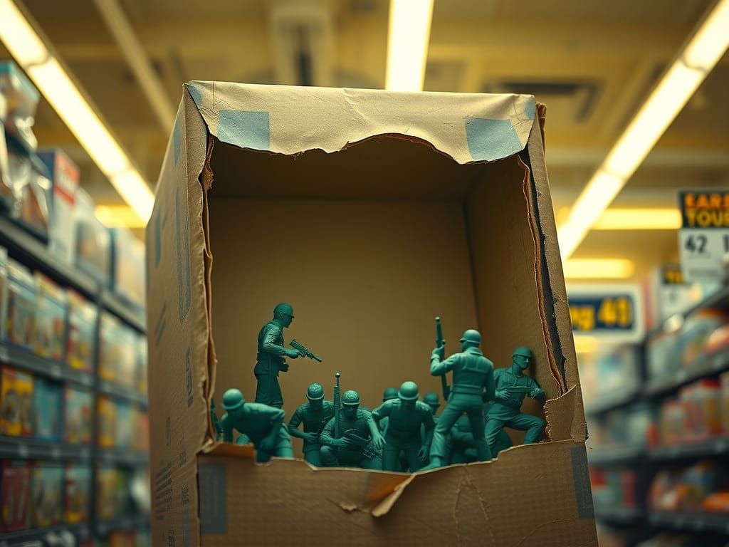 Tall Cardboard Box Toy Soldiers Emerge in a Warm, Cinematic ...