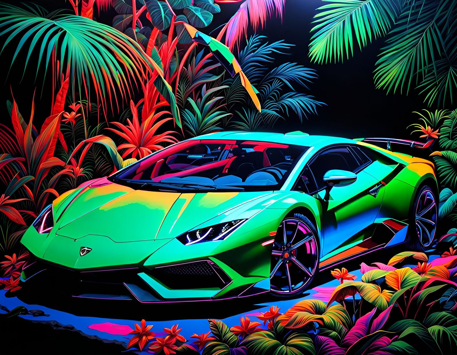 Neon Lamborghini in a Fluorescent Jungle