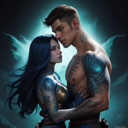 Teen Couple with Glowing Tattoos in Ancient Ruins