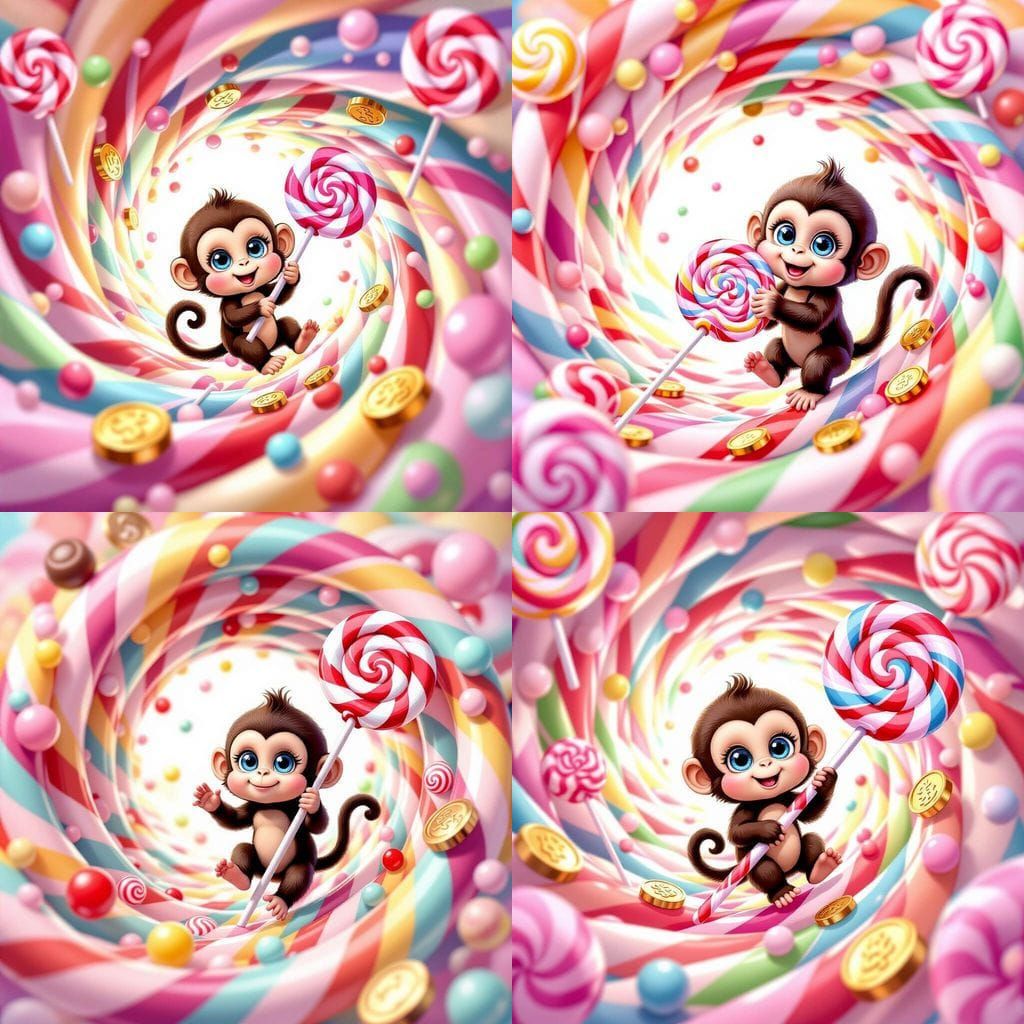 Whimsical Candy Vortex with Monkey in Watercolor Style