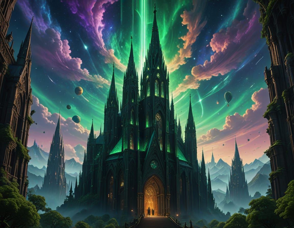 Emerald Ascension: Silhouetted Figures Soar to Radiant Cathe...