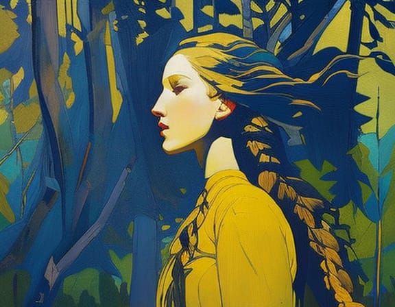 Woman Gazing at Forest Trees: An Oil Painting