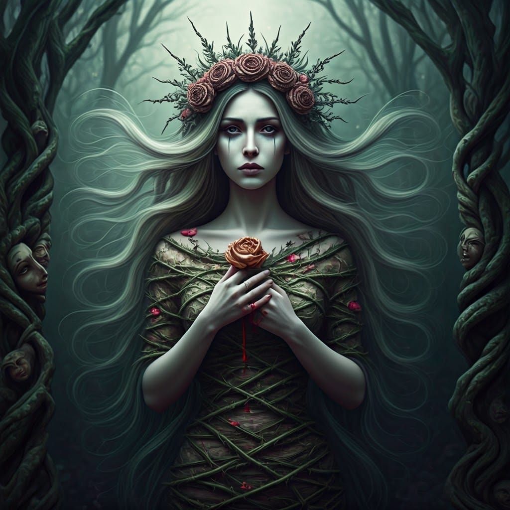 Ethereal Fey Woman in a Haunting Gothic Garden