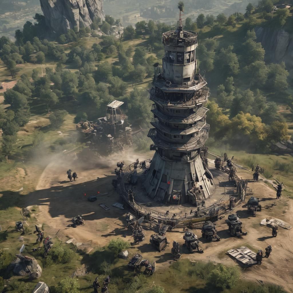 Cyborgs Defend Tower from Orcs: 3D Rendered Battle