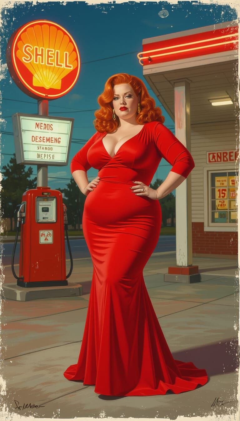 Confident Redhead at a Vintage Gas Station