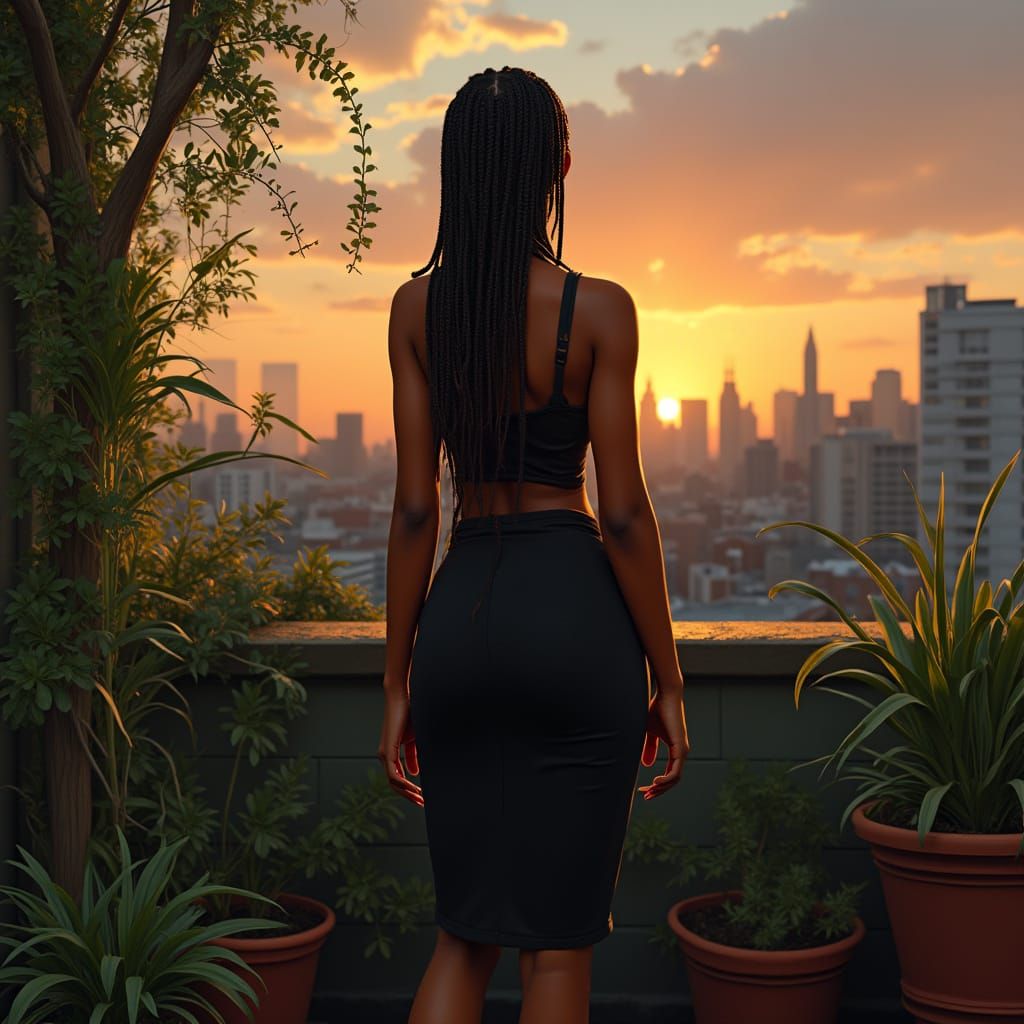 Black Woman in Rooftop Garden: Hyperrealistic Portrait