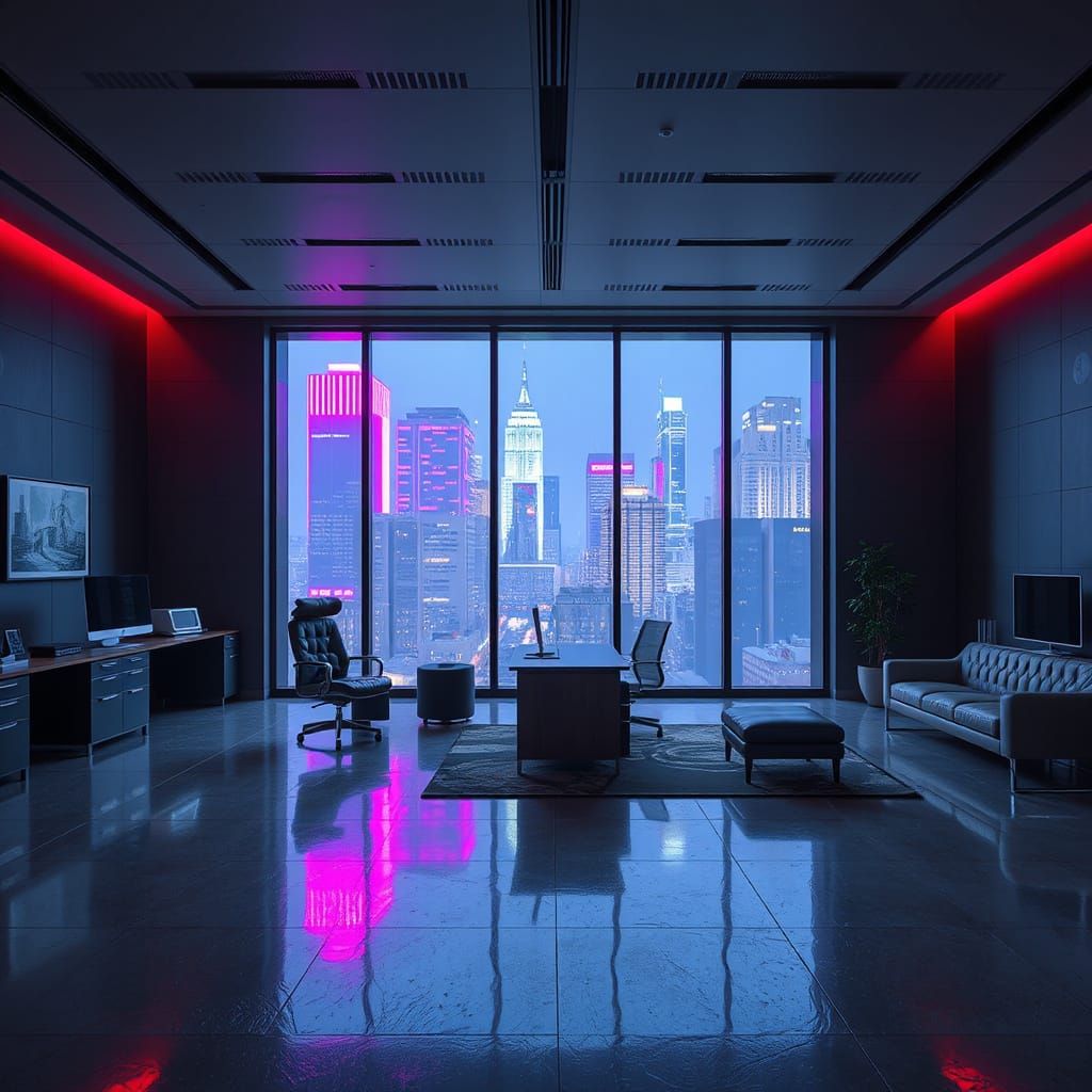 Cyberpunk Corporate Office with City View