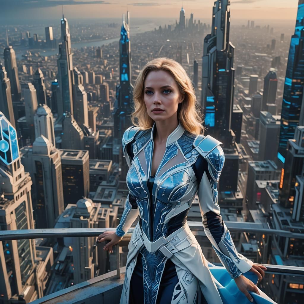 Futuristic Woman in Evening Gown on City Rooftop