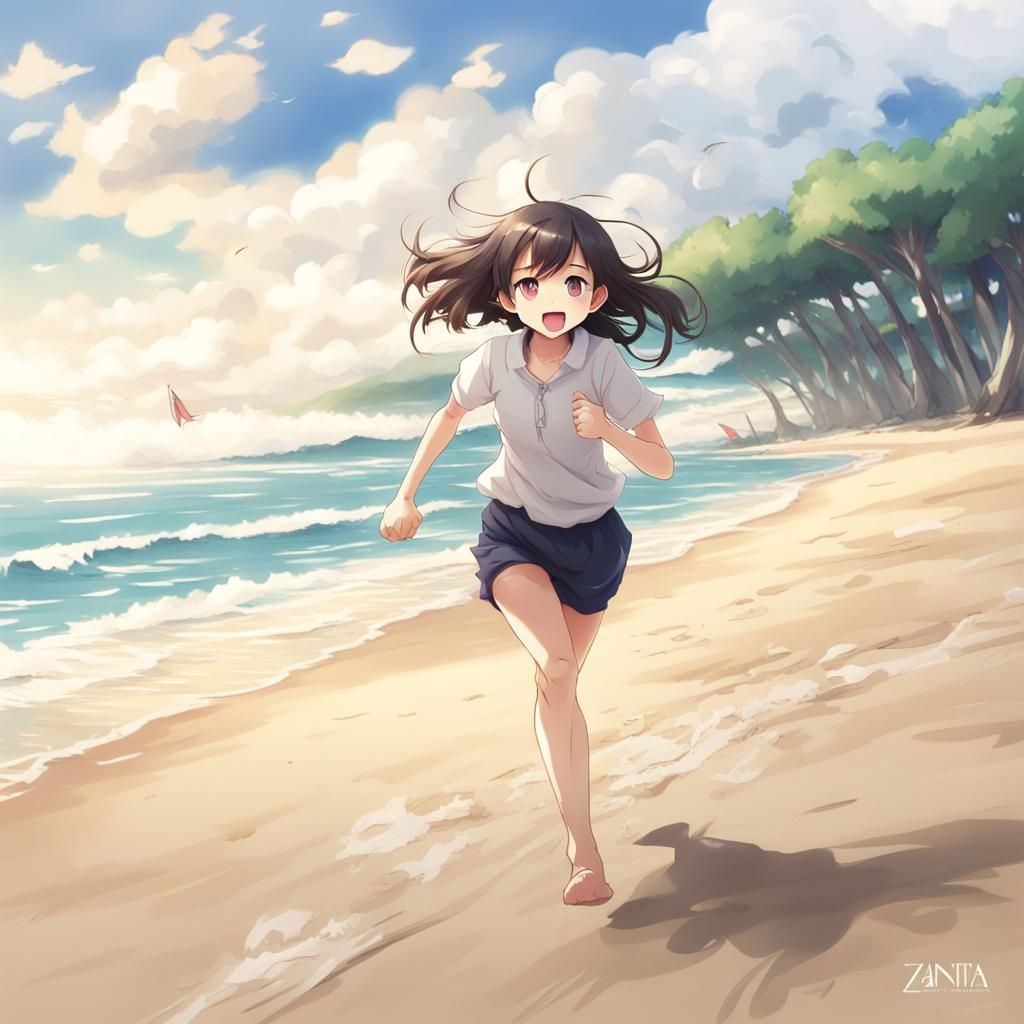 Cute Girl Running on Beach in Anime Style