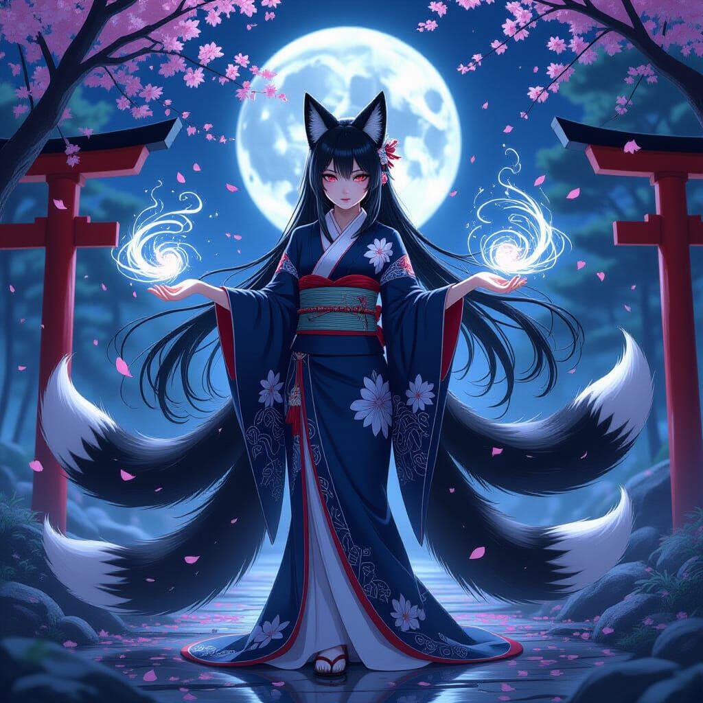 Black Kitsune Girl in Moonlit Shrine, Anime Style